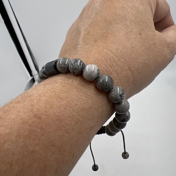 New Macrame Bracelet Unisex Adjustable Healing Hematite And Picasso Jasper Beads - Picture 8 of 9
